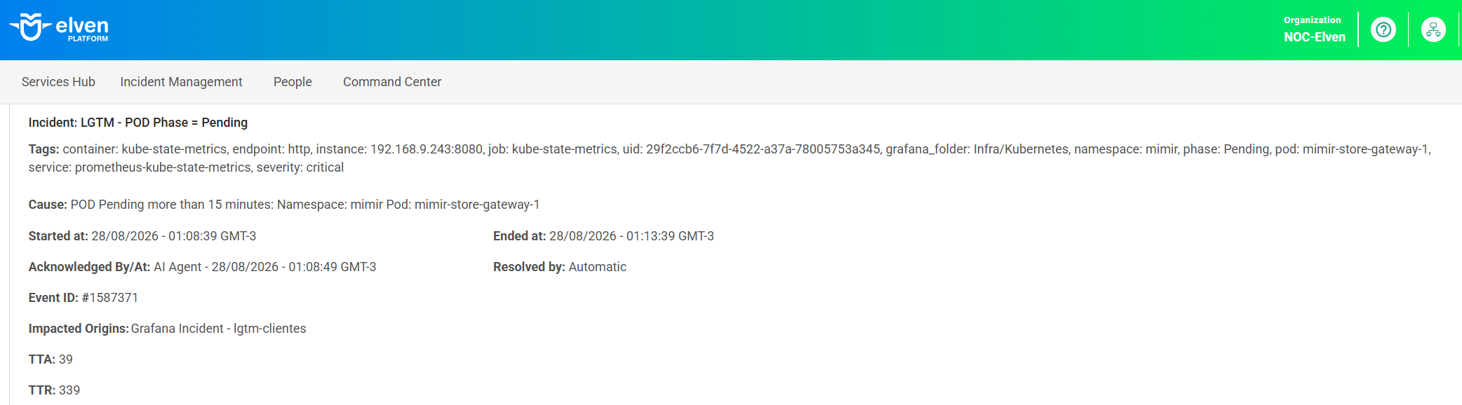 Detalhe de um incidente capturado automaticamente: Incident LGTM - POD Phase = Pending, tags do evento, causa (POD Pending por mais de 15 minutos), horário de início e fim, reconhecido por AI Agent, Event ID e os indicadores de TTA e TTR.