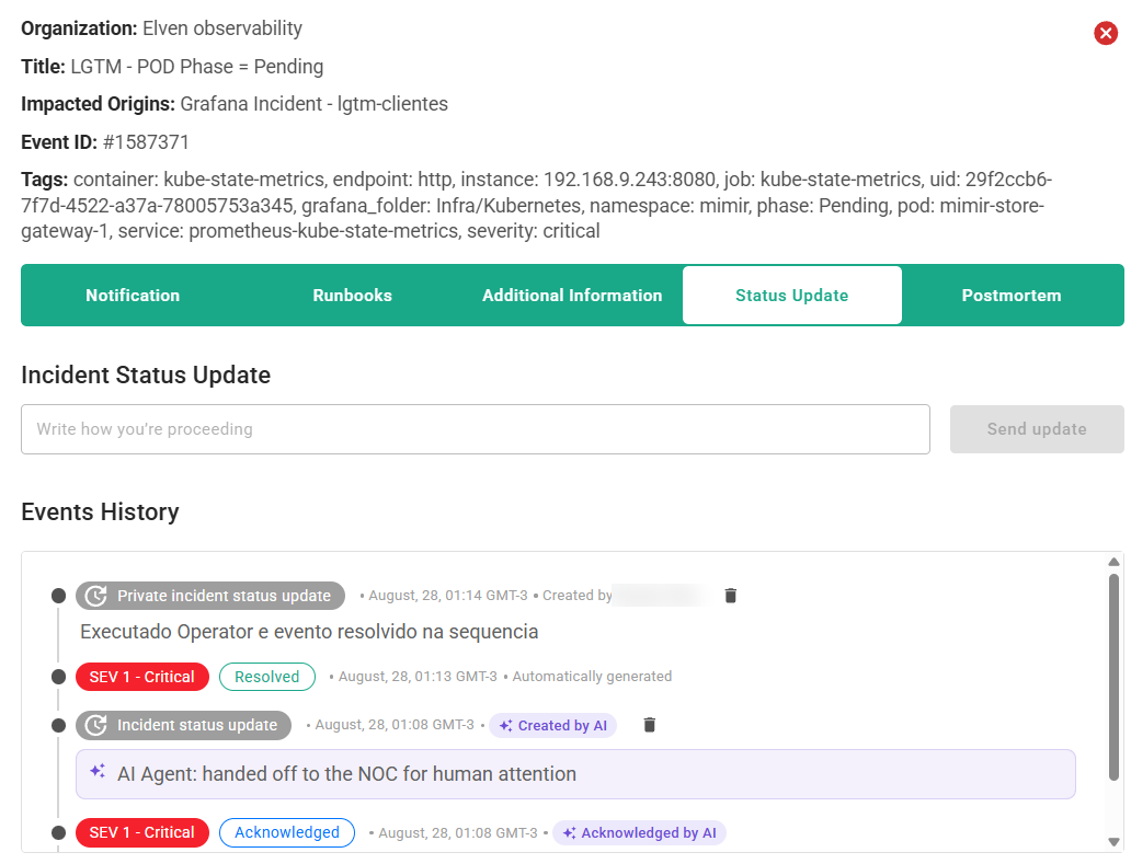 Histórico de eventos do incidente: alerta reconhecido pela IA (Acknowledged by AI), nota da IA repassando o caso para o NOC para atenção humana (handed off to the NOC for human attention), status Resolved gerado automaticamente após a correção, e nota privada do analista registrando que executou o Operator e o evento foi resolvido na sequência.