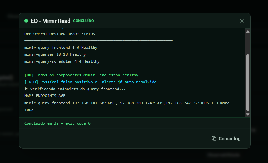 Painel de execução de um runbook no Elven Operator, mostrando o log em tempo real, o status Concluído, o tempo de execução, o exit code e o botão Copiar log.